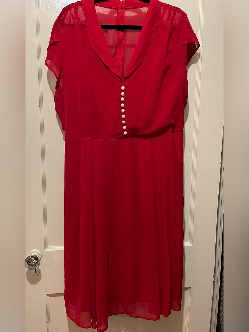 Hell Bunny Red V-Neck Chiffon Dress with White Pearlescent Button Detail
